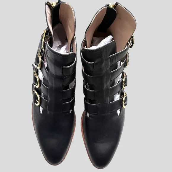 Black leather booties with gold buckle detail. Dresses up or down! Size 37 NWT - Picture 3 of 6